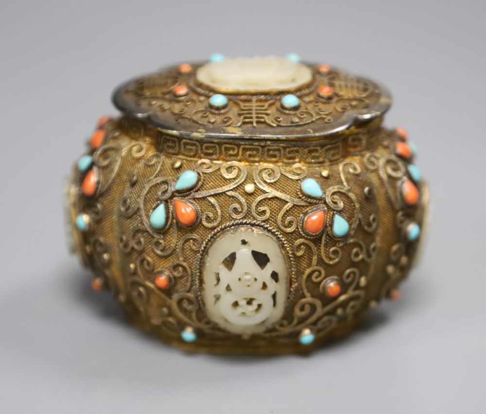 A Chinese gilt metal, jade and coral? mounted box and cover, height 6.5cm